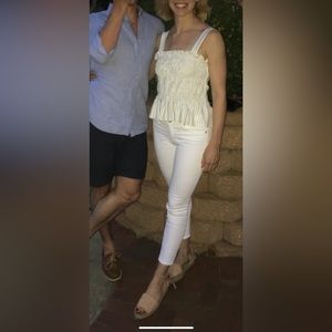 White Ruched Tank with navy stripes